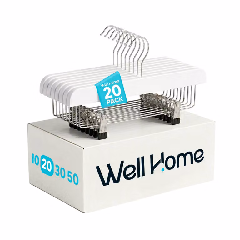 Pack de 20 perchas de madera Well Home en color blanco con pinzas ajustables, barra y gancho giratorio antideslizante