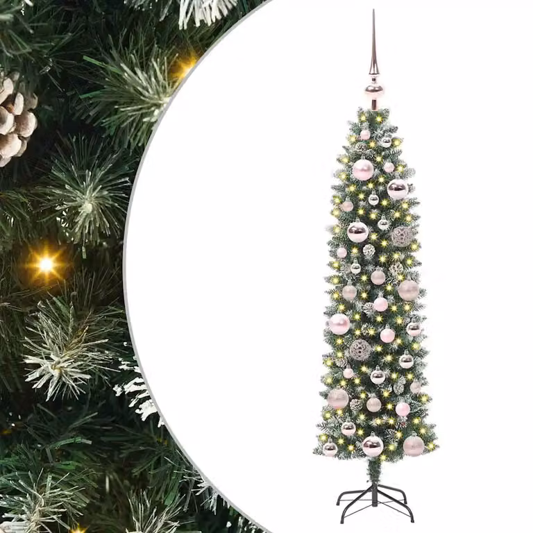 Árbol de Navidad artificial delgado vidaXL con luces LED blanco cálido, verde y blanco, Altura: 120 cm