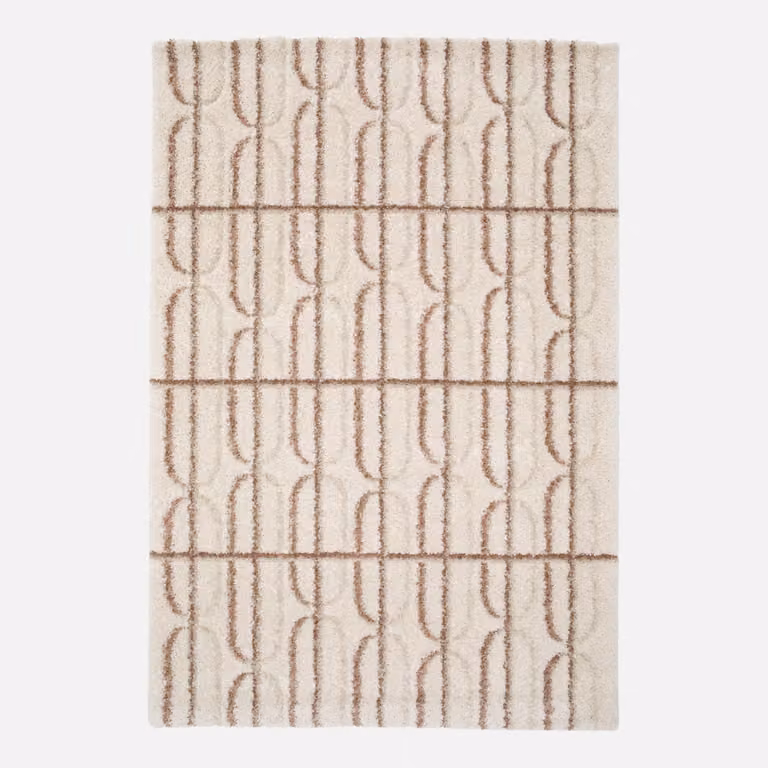 Alfombra interior rectangular con diseño gráfico abstracto de Sweeek en colores beige, rosa y marrón, An/P: 120 x 76,2 cm