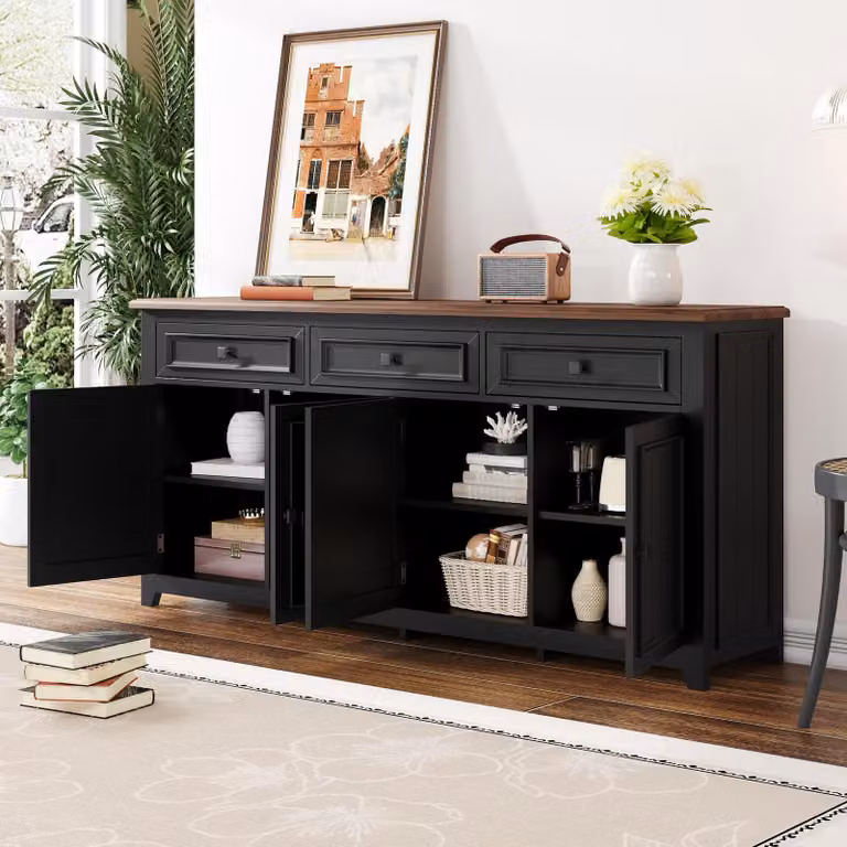 Aparador STILVORA de estilo escandinavo con tres cajones y cuatro puertas, disponible en blanco o negro, con separadores ajustables y acabado mate