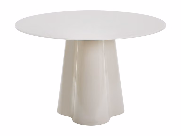 Mesa de comedor redonda VENTE-UNIQUE en MDF y cristal con acabado beige lacado brillante, Diámetro: 120 cm, Altura: 76 cm