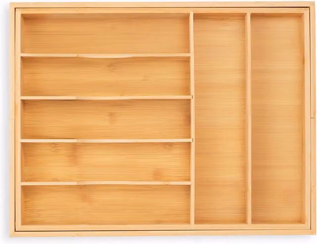 Cubertero extensible de bambú y MDF Relaxdays con 7-9 compartimentos, color beige y marrón, An/P/Al: 5 x 34-50,5 x 44,5 cm