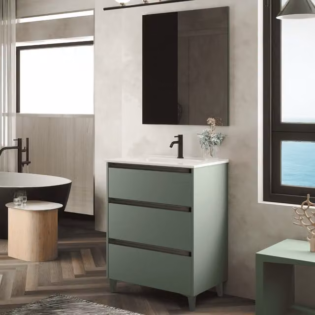 Mueble de baño de suelo BAÑO TOTAL con lavabo cerámico, acabado roble y detalles en blanco y verde, con 3 cajones y tiradores negros, An/P/Al: 70 x 45 x 82 cm