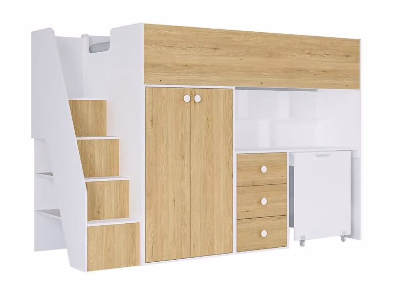 Cama alta infantil LANILATO con armario, escritorio y cajones en color blanco y beige, An/P/Al: 90 x 190 x 172 cm