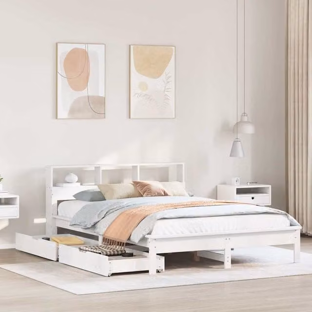Cama con estantería y cajones Maison Exclusive de madera maciza de pino en color blanco An/P/Al: 200 x 160 x 78 cm