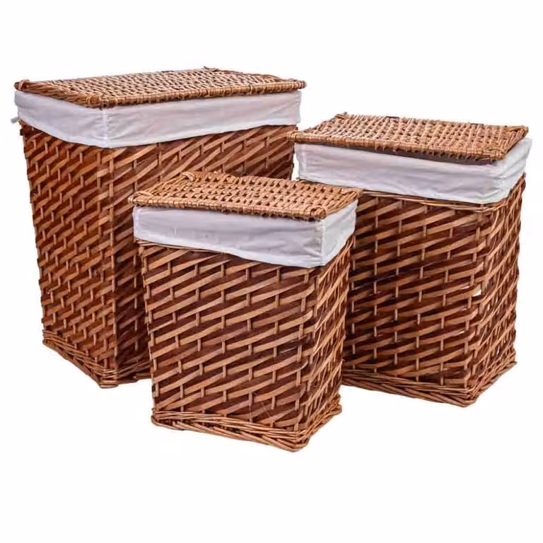Set de 3 cestos de mimbre Wanderlust con tapa en marrón y blanco, apilables y de tejido abierto, An/P/Al: 42 x 33 x 50 cm, 35 x 28 x 43 cm y 30 x 22 x 37 cm