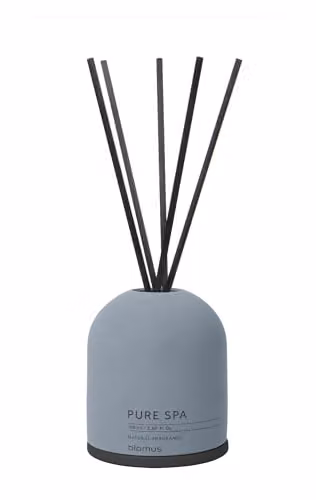 Difusor de varillas Blomus Fraga Flint Stone con aroma floral de rosa y musgo blanco, acabado efecto piedra en color arena, 100 ml, Al x An x P: 27,5 x 9 x 9 cm