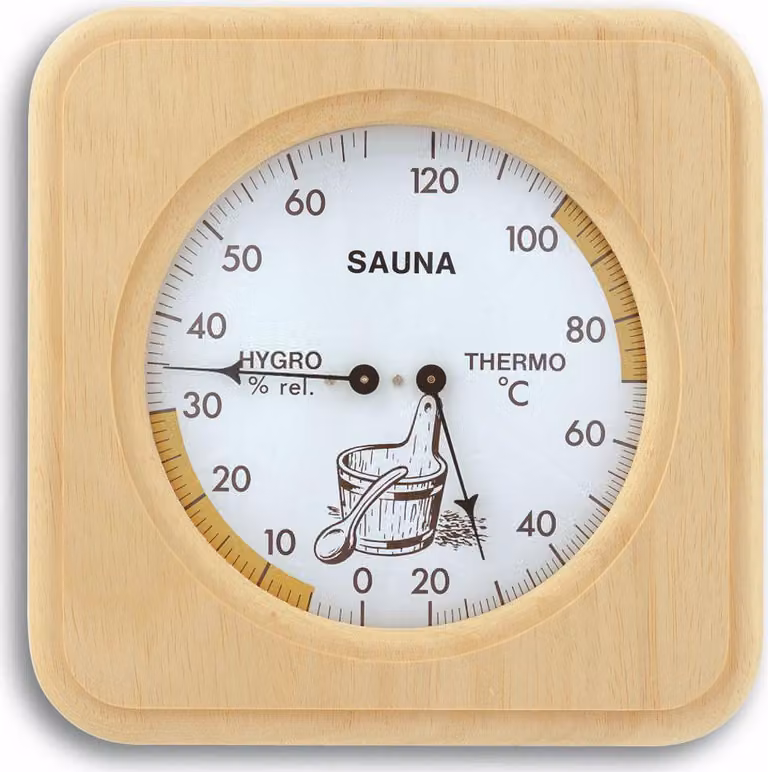Termohigrómetro analógico para sauna TFA con marco de madera en color marrón