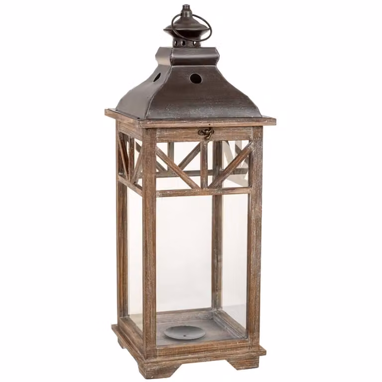Farol decorativo rústico Wanderlust deco de madera y cristal en color marrón, An/P/Al: 23 x 23 x 62 cm