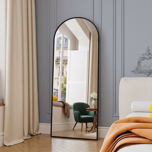 Espejo de cuerpo entero NAHILIMI de pie, diseño moderno rectangular con marco de metal y vidrio, color negro, An/P/Al: 60 x 1 x 165 cm