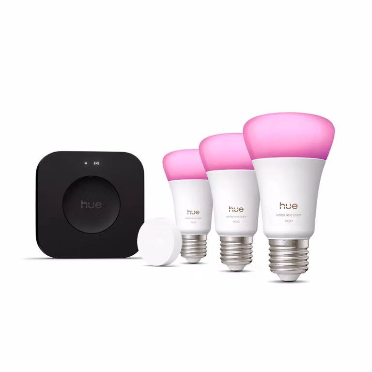 Kit de inicio Philips Hue White & Color Ambiance con 3 bombillas LED E27 multicolor, Smart Button y Bridge Pro