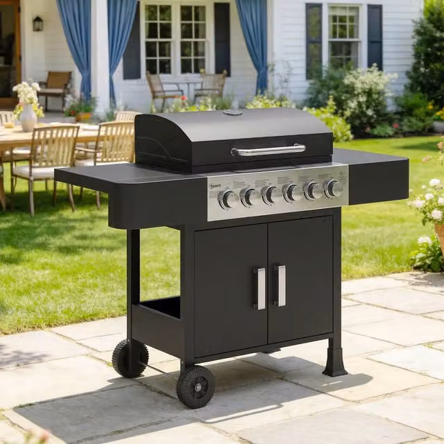 Barbacoa de gas Outsunny en acero inoxidable negro con ruedas y termómetro, An/P/Al: 135 x 51 x 101 cm