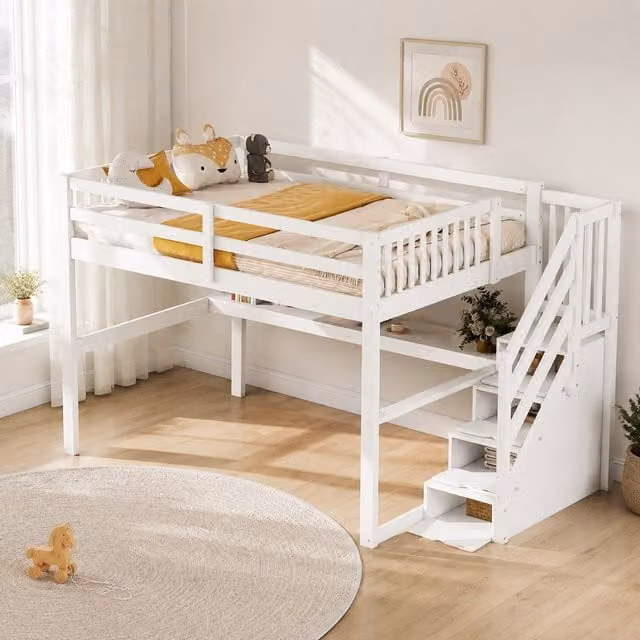 Cama alta infantil MODENVIE de pino y MDF en color blanco con escritorio, estantería, escalera y compartimentos laterales, An/P/Al: 140 x 200 x 147,5 cm
