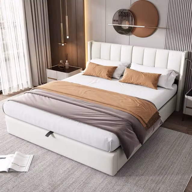 Cama Baúl WISHDOR con Almacenaje y Cabecero Acolchado en Cuero Sintético Blanco, Iluminación LED y Puertos USB, 180 x 200 cm