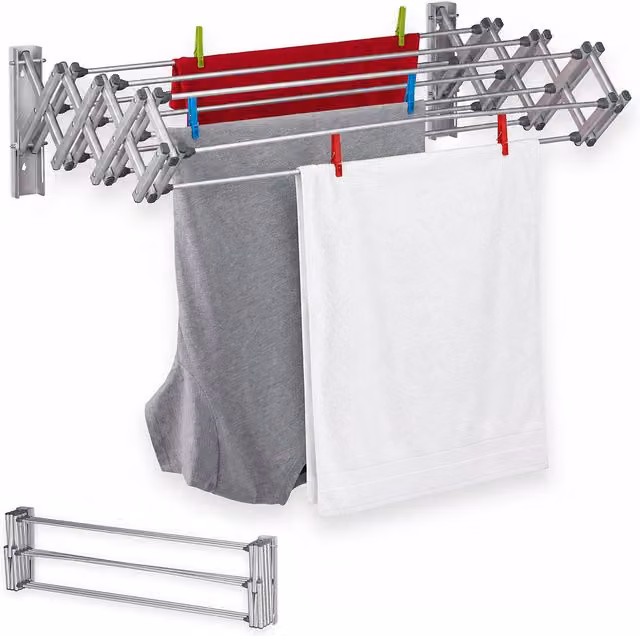 Tendedero de pared extensible Relaxdays de aluminio plateado con 10 líneas de secado y 8 m de cuerda, An/P/Al: 95 x 27 x 60 cm