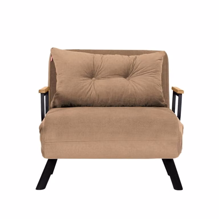 Sillón cama Calicosy de tela marrón con estructura de metal y madera de haya para salón o dormitorio
