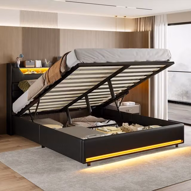 Cama con canapé abatible NAHILIMI en negro con cabecero tapizado, iluminación LED, estación de carga USB y estante, An/P/Al: 160 x 200 x 109 cm
