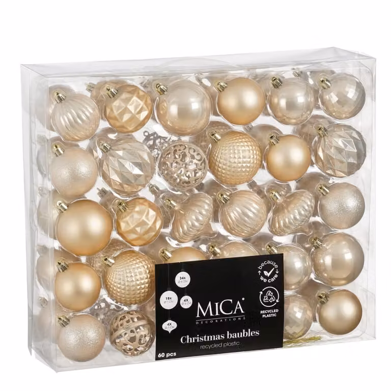 Bola de Navidad Mica Decorations de plástico irrompible, diseño geométrico redondo en colores blanco, beige y dorado, Diámetro: 7 cm