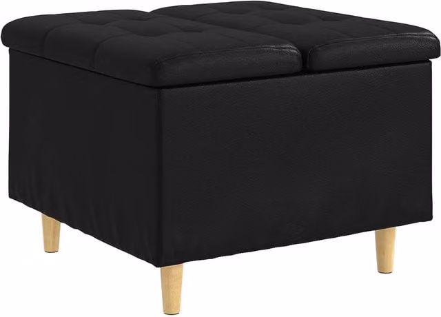 Otomano de almacenamiento SYFAX en negro con acabado de cuero sintético mate, An/P/Al: 60 x 60 x 45 cm