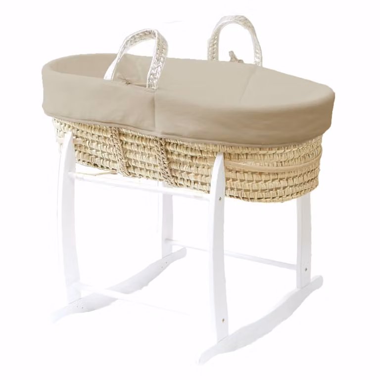 Moisés Premiers Moments de madera de pino con funda de algodón marrón y soporte blanco de 70x120 cm