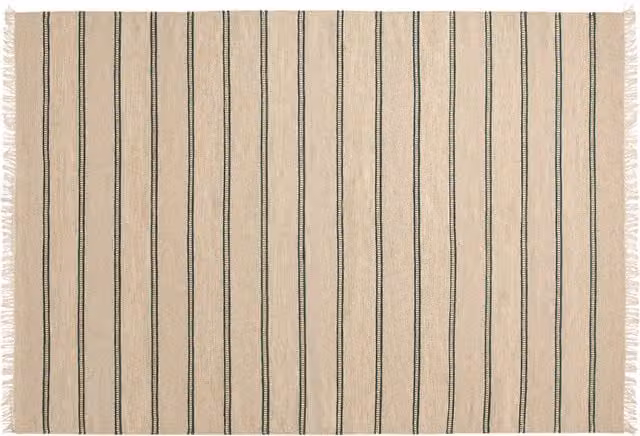 Alfombra Dhurri Kang El Corte Inglés de tejido plano con diseño étnico a rayas en verde y beige, An/P: 260 x 180 cm