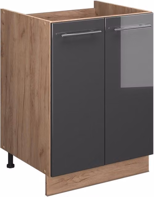 Mueble bajo para fregadero Vicco Fame-Line en antracita alto brillo y roble con puertas de cierre suave, An/P/Al: 60 x 51,6 x 82 cm