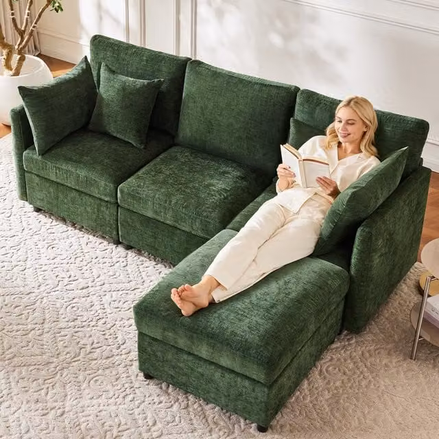 Sofá Esquinero en Forma de L KELLANY Convertible en Sofá de 3 Plazas con Otomana Móvil y 4 Cojines de Chenille, Color Verde