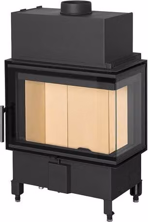 Chimenea de leña ROMOTOP Heat F68-31 esquinera derecha con puerta lateral en color negro y acabado cerámico