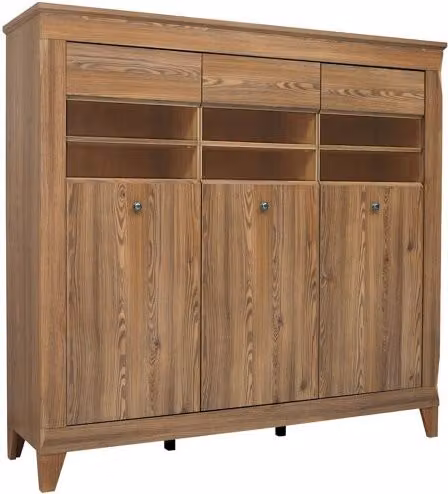 Vitrina baja de 3 puertas con cristal y estantes internos en madera de alerce color marrón estilo mid century An/P/Al: 150 x 47 x 97 cm