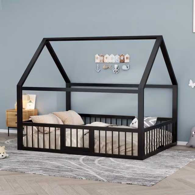 Cama infantil tipo cabaña MODFU de estructura metálica negra con barandillas de seguridad para dormitorio, An/P/Al: 140 x 200 x 144 cm
