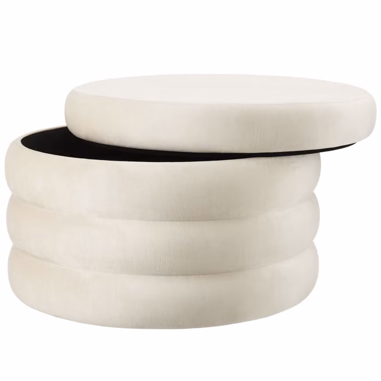 Puf cilíndrico TecTake tapizado en terciopelo con almacenaje y funda extraíble, color blanco o beige, Diámetro: 67 cm, Altura: 42 cm