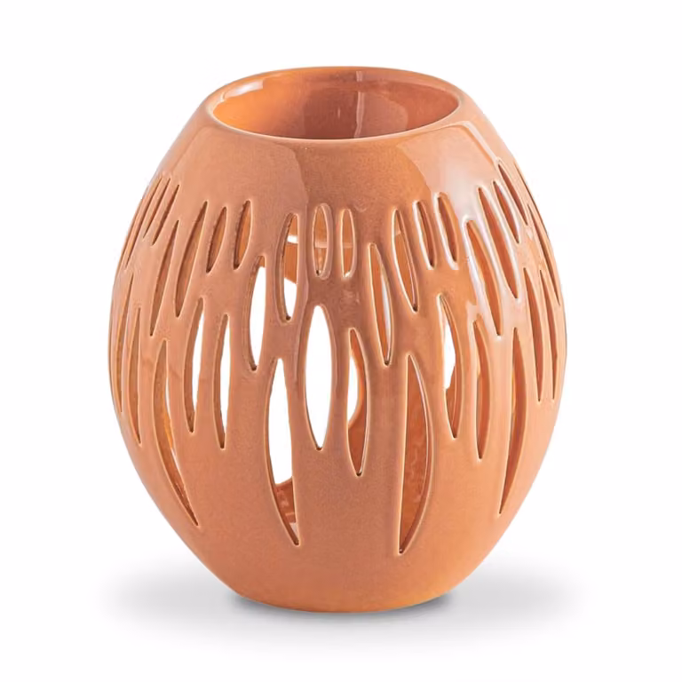 Quemador de aromas oval de cerámica Zen'Arôme en color blanco y naranja con diseño abstracto, Altura: 12,5 cm