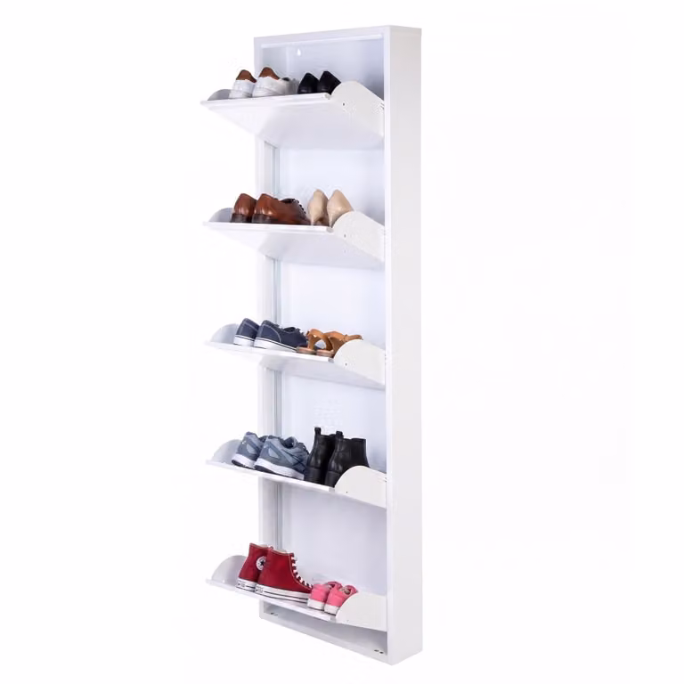 Zapatero ultrafino Dunne de Well Home en acero blanco con 5 compartimentos para 10 pares de zapatos, An: 50 cm, P: 13,5 cm, Al: 169 cm