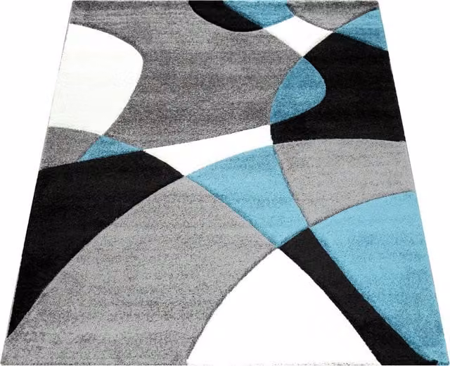 Alfombra moderna Diamona con diseño geométrico y efecto alto-bajo en colores turquesa, negro, blanco y gris, An/P: 80 x 150 cm