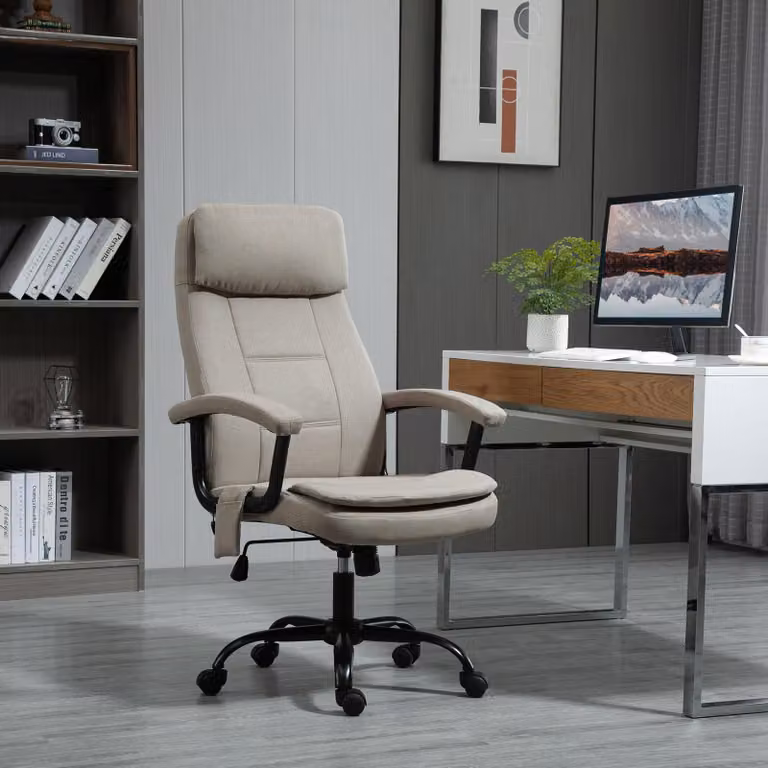 Silla de oficina giratoria OKWISH con función de masaje, inclinación e interfaz USB en color beige