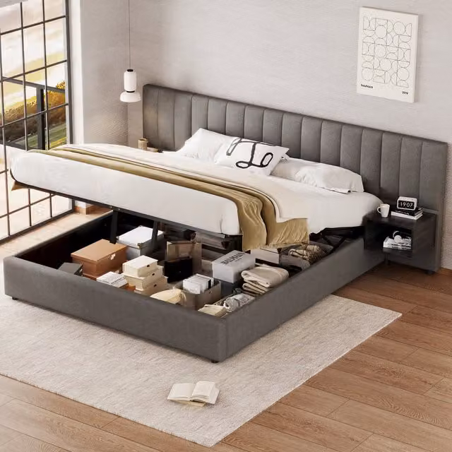 Cama Canapé Doble Modenvie con Almacenaje Hidráulico, Cabecero y 2 Mesitas de Noche, Tapizada en Lino Gris y Negro, An/P: 180 x 200 cm