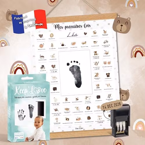 Keep'Love Póster de mis primeras veces para sellar con kit de huellas para bebés en colores beige, blanco y marrón