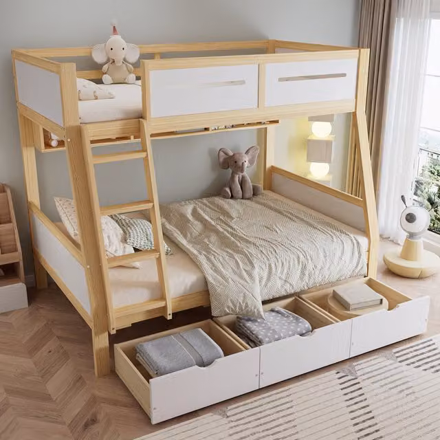 Litera infantil MODENVIE con estructura de casa, 3 cajones, escalera y estantería, en color blanco y beige, An/P/Al: 272 x 129 x 165 cm y 272 x 100 x 165 cm (sin colchones)