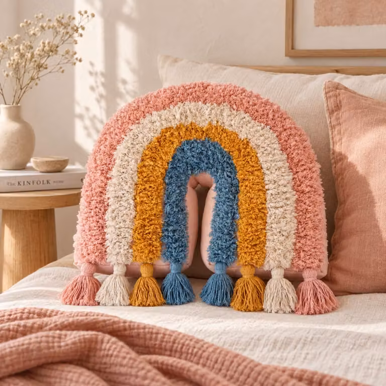 Cojín decorativo infantil de arcoíris semicircular Alo Home en felpa rosa y multicolor, An/Al: 38 x 32 cm