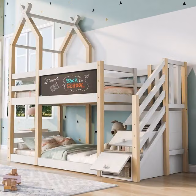 Cama alta infantil Modenvie de dos niveles con estructura de casa, escalera con peldaños, compartimentos laterales y pizarra, color blanco, An/P/Al: 90 x 200 x 120 cm