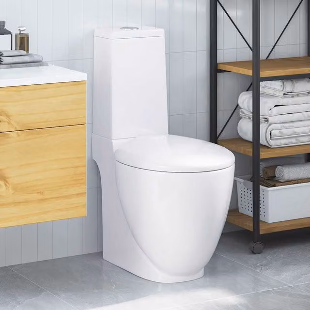 Inodoro WC redondo de cerámica vidaXL blanco con sistema soft close y descarga vertical An/P/Al: 39 x 66 x 84 cm