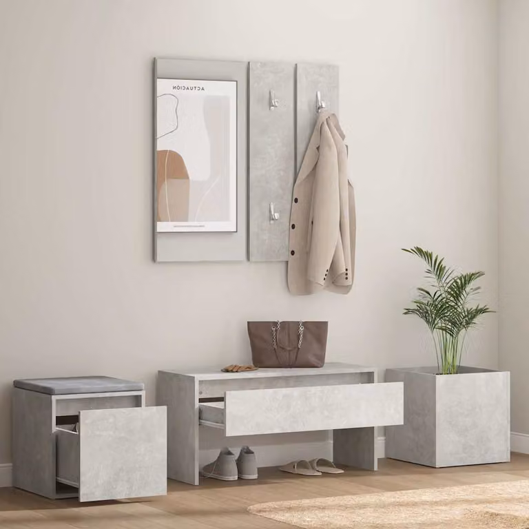 vidaXL Juego de muebles de recibidor moderno con banco, espejo y estante de pared en color gris hormigón y madera