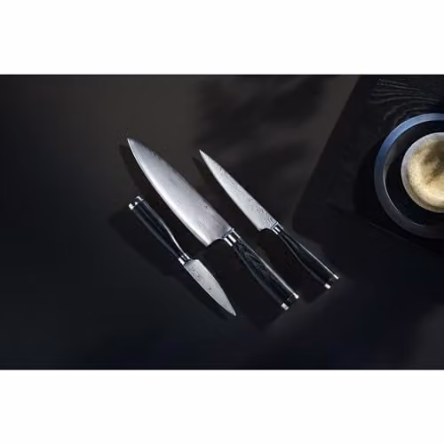 Juego de 3 cuchillos WMF Yari de acero damasco forjado con mango de madera en color negro y plata, que incluye cuchillo de chef, cuchillo de utilidad y cuchillo de oficio