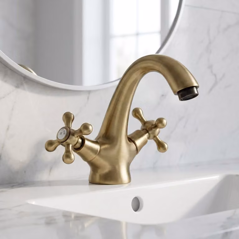 Grifo de lavabo Aquanello modelo Ascot de dos manillas en latón con acabado bronce cepillado estilo vintage