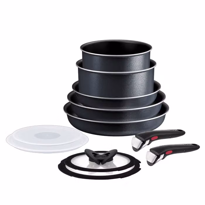 Set de 11 piezas de cocina Tefal Ingenio So'Light en color negro con revestimiento antiadherente de titanio, apilable y compatible con inducción
