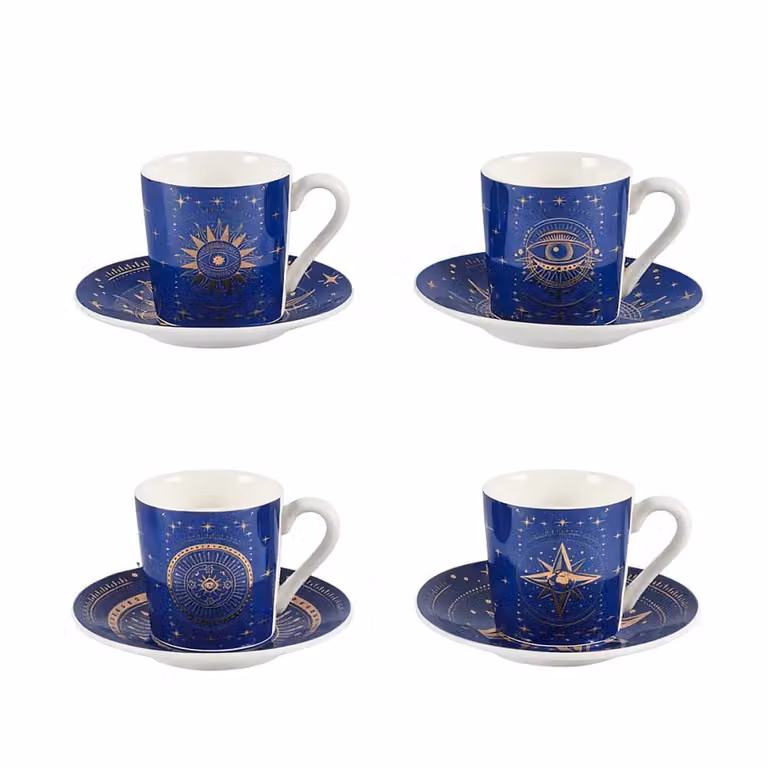 Juego de 4 tazas y platillos Astros de Aulica en porcelana color azul
