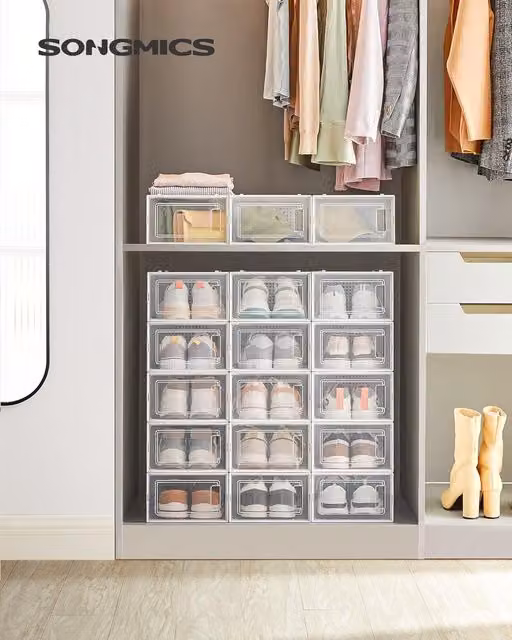 Juego de 18 cajas organizadoras de zapatos SONGMICS de plástico, plegables y apilables con tapa, color transparente y blanco