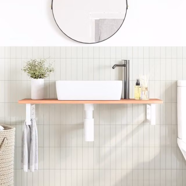 Estante de lavabo de pared SYFAX de madera de roble y metal en color marrón y blanco