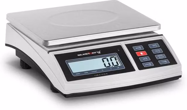 Balanza de mesa digital Steinberg Systems con pantalla LCD y acabado en acero inoxidable, capacidad de 15 kg y precisión de 0,5 g, color plata, An/P/Al: 21 x 27 x 12 cm