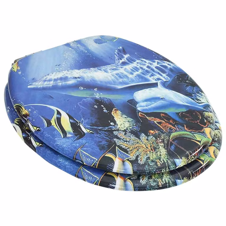 Asiento de inodoro vidaXL con tapa de cierre suave diseño de delfines en MDF multicolor de forma ovalada